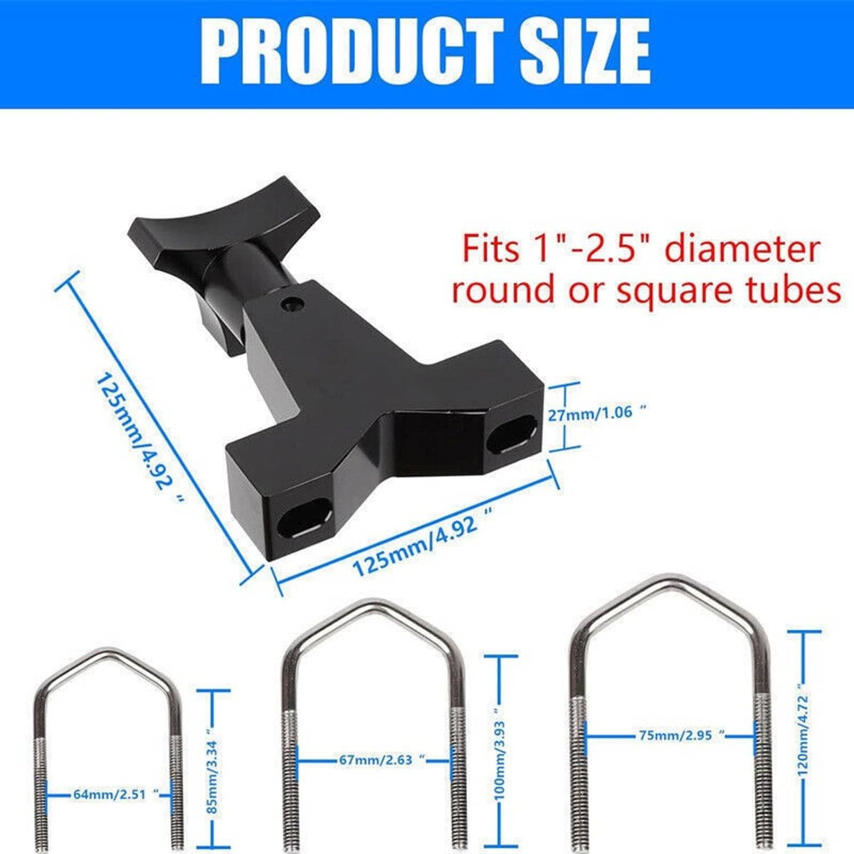 Black tube mount jack bracket with U-bolt legs and clamp plate