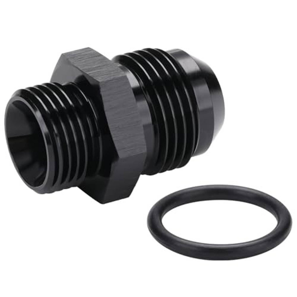 Black AN ORB fitting adapter with two male threaded ends and O-ring seal