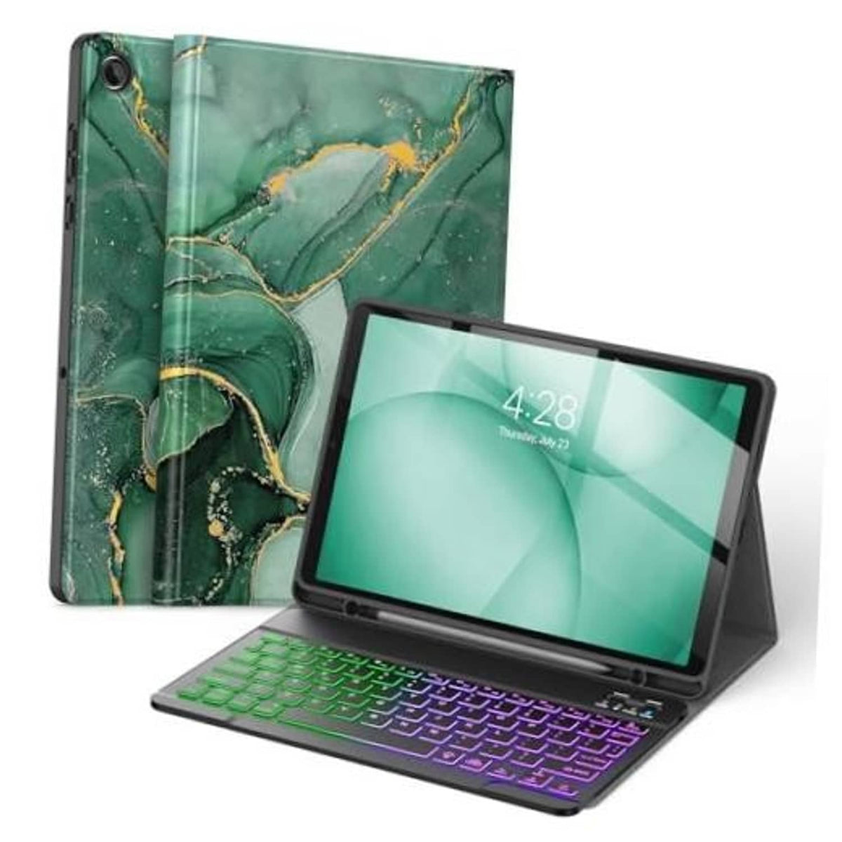 Green marble tablet keyboard case with front cover and stand, tablet and keyboard open