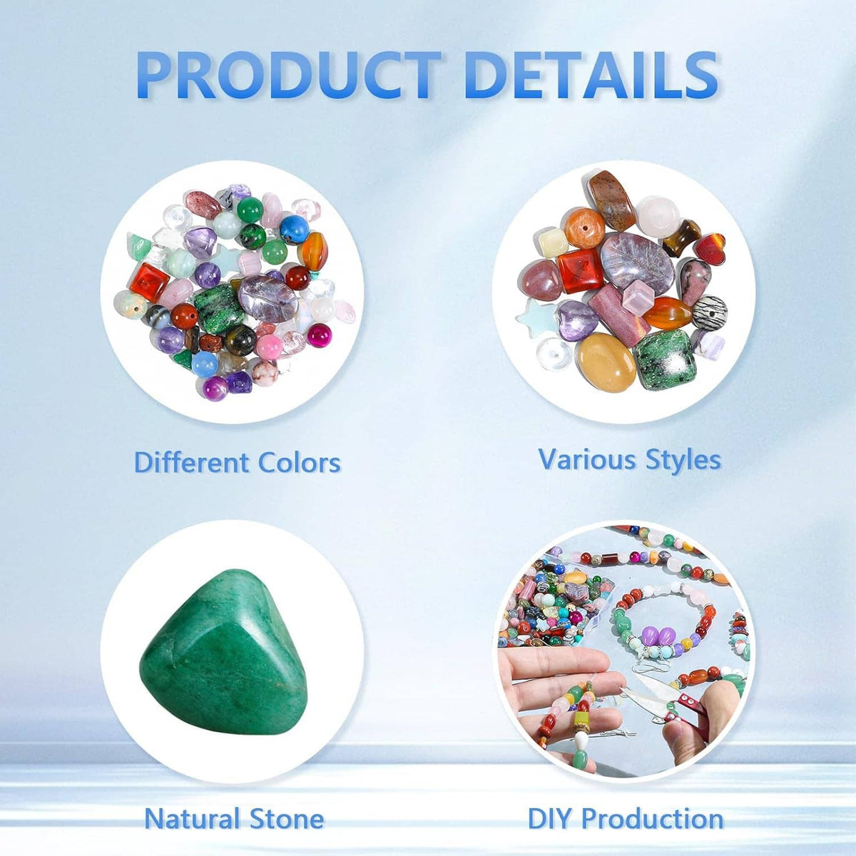 Mixed natural stone beads with different colors and styles, shown as bead assortments