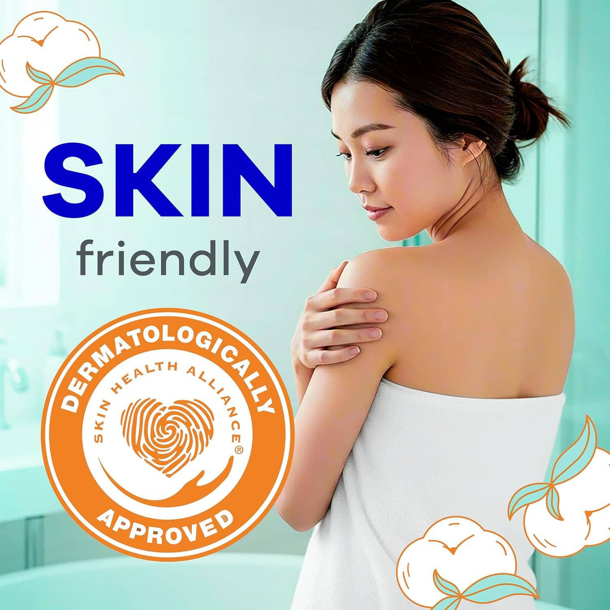 Woman holding a white winged feminine pad against skin with skin-friendly seal