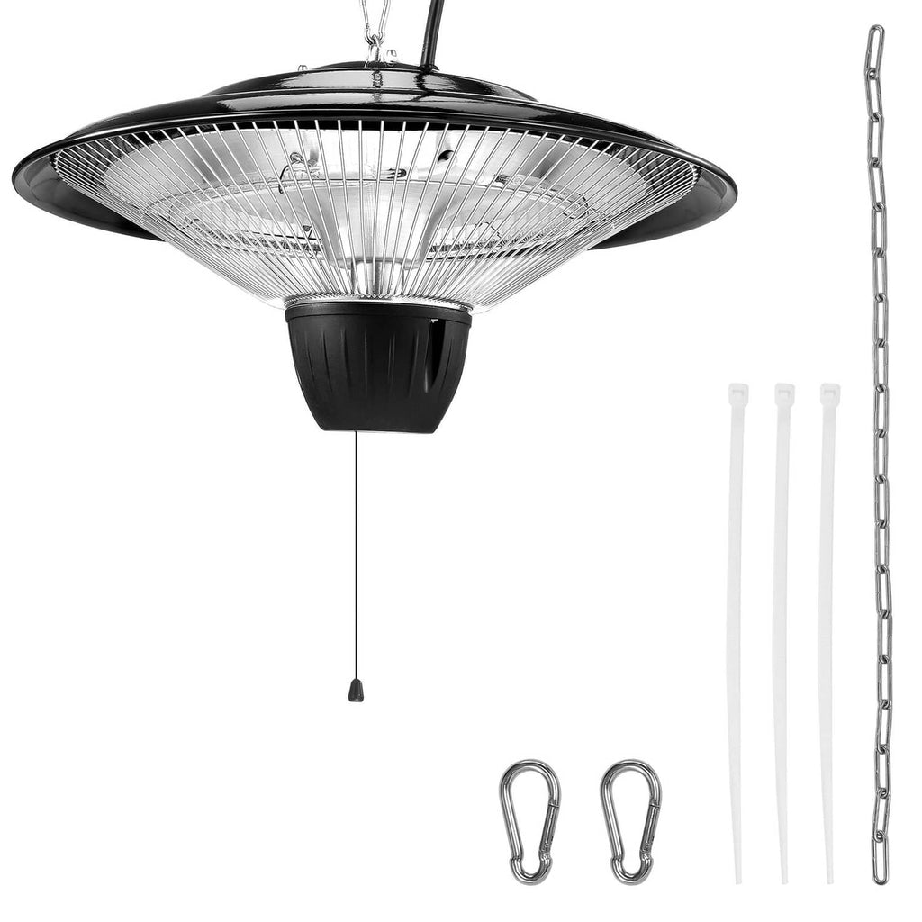 Hanging black infrared patio heater with metal chain and radiant bulb guard