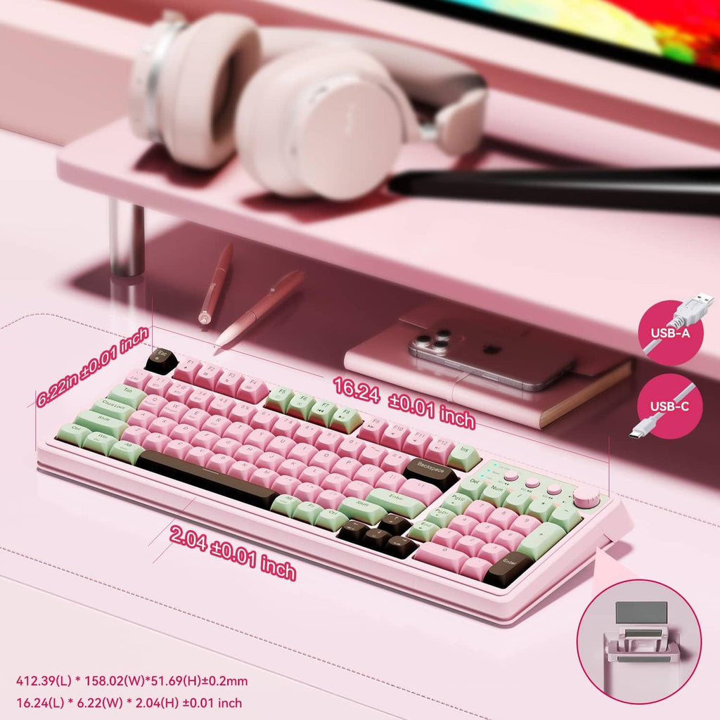 Pastel pink and mint-green keyboard with black bar and USB-A and USB-C ports