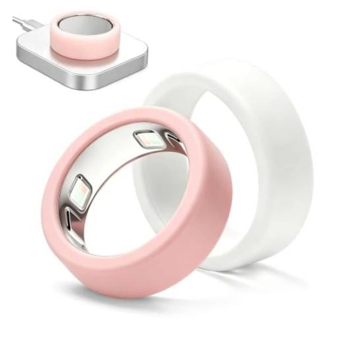 Pink silicone ring cover with inner cutouts, plus a white backup cover