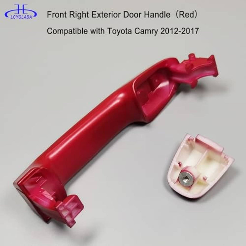 Red exterior door handle and inner bezel, front right passenger side components.