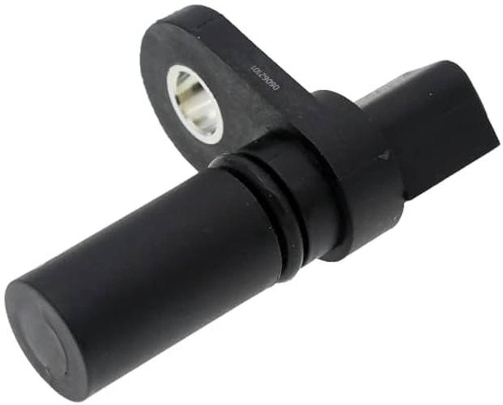 Black camshaft position sensor with mounting flange and side electrical plug