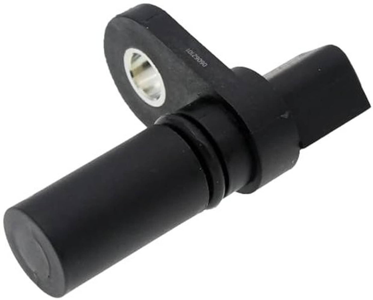 Black camshaft position sensor with mounting flange and side electrical plug