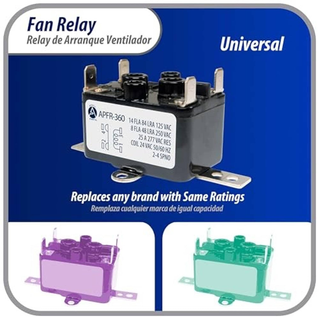 Fan relay with 24 VAC coil, metal bracket terminals, universal replacement graphic