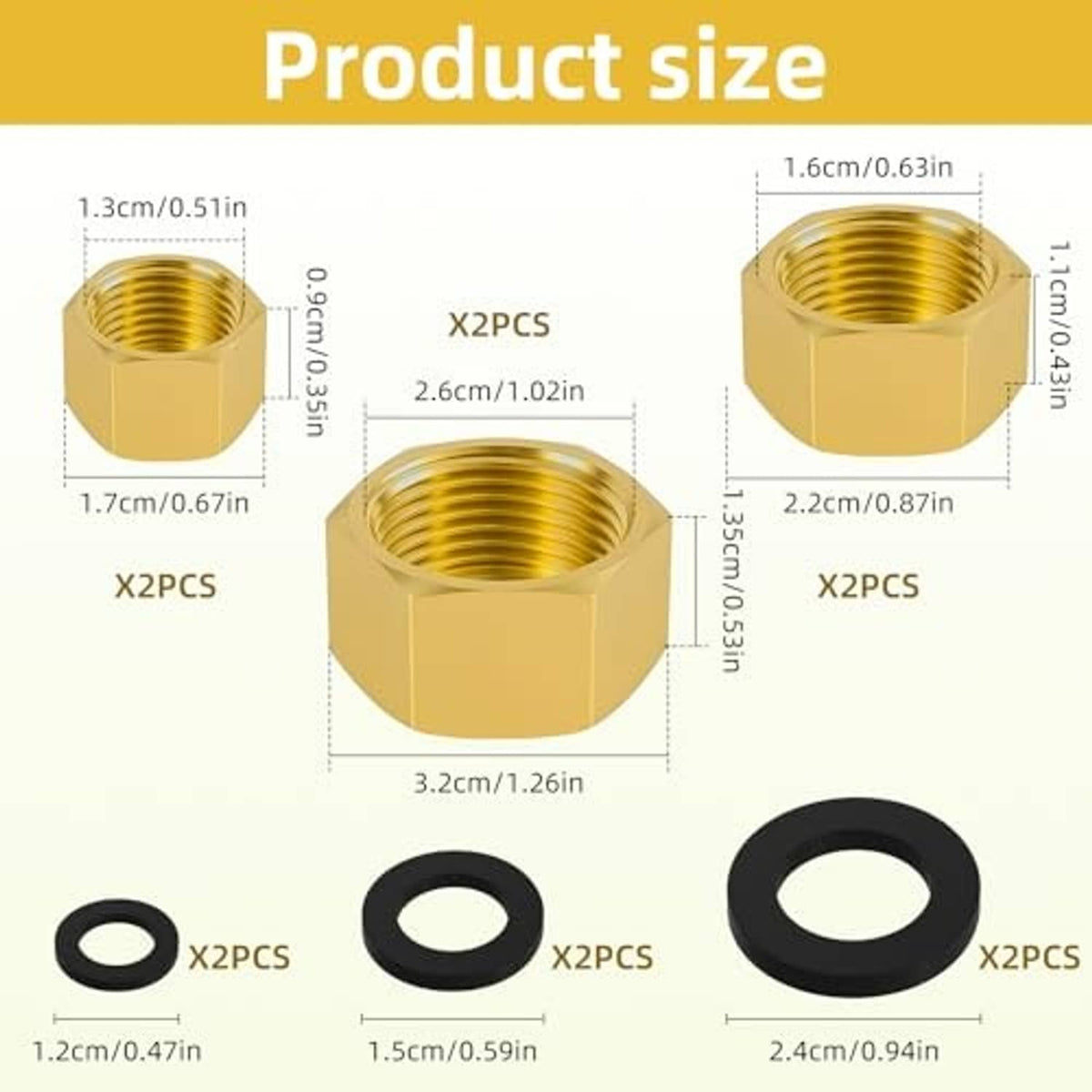 Brass hex pipe caps with black rubber gasket rings with size layout