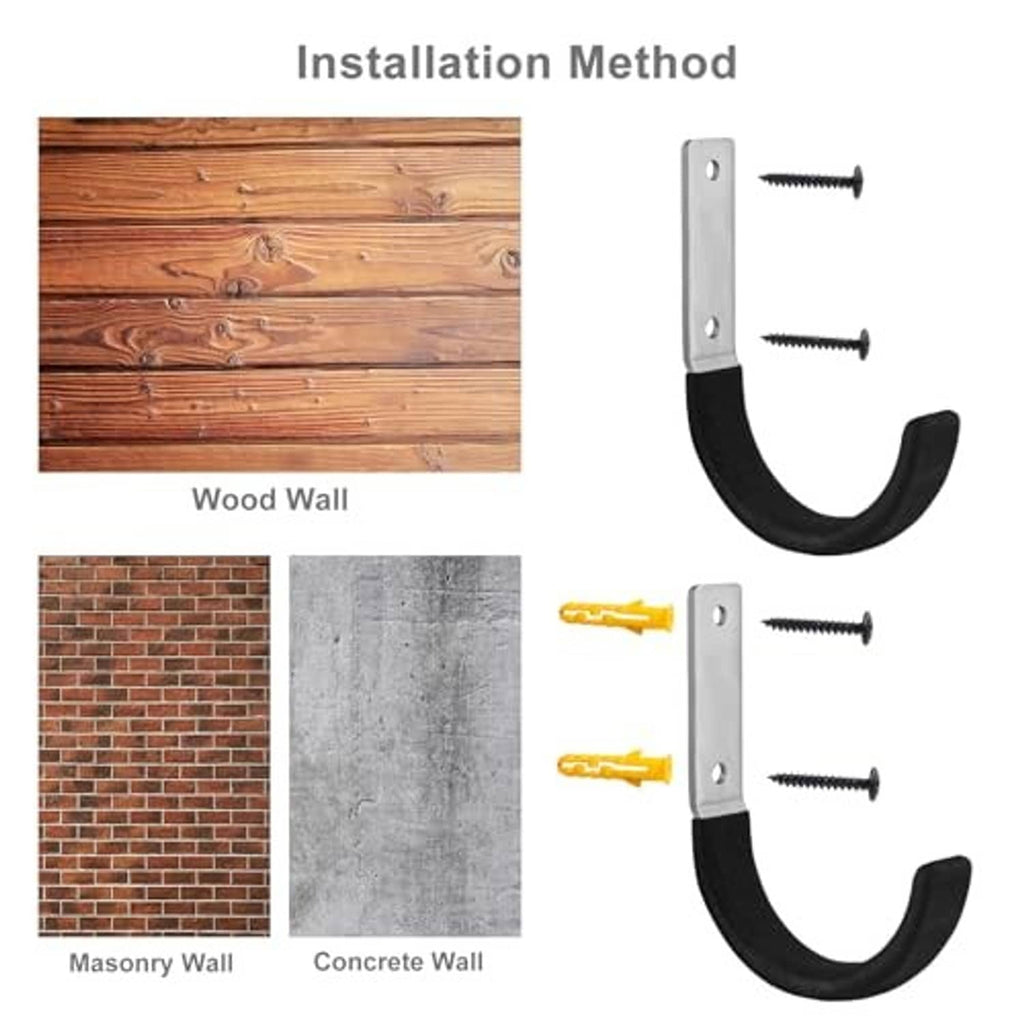 Utility hook with black curved arm, silver plate, and included mounting screws