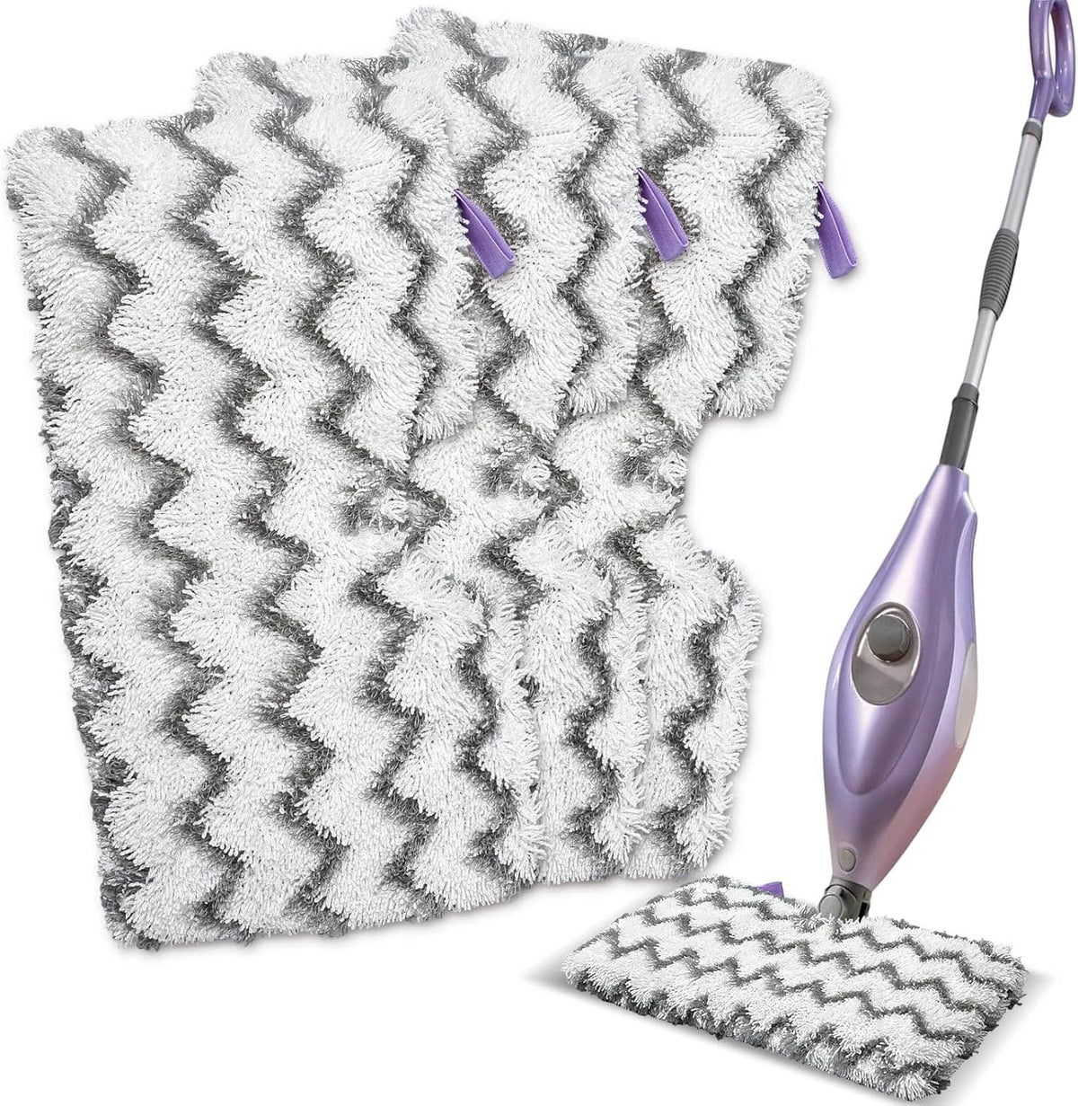 Two-piece microfiber steam mop pad set with zigzag texture and purple tabs