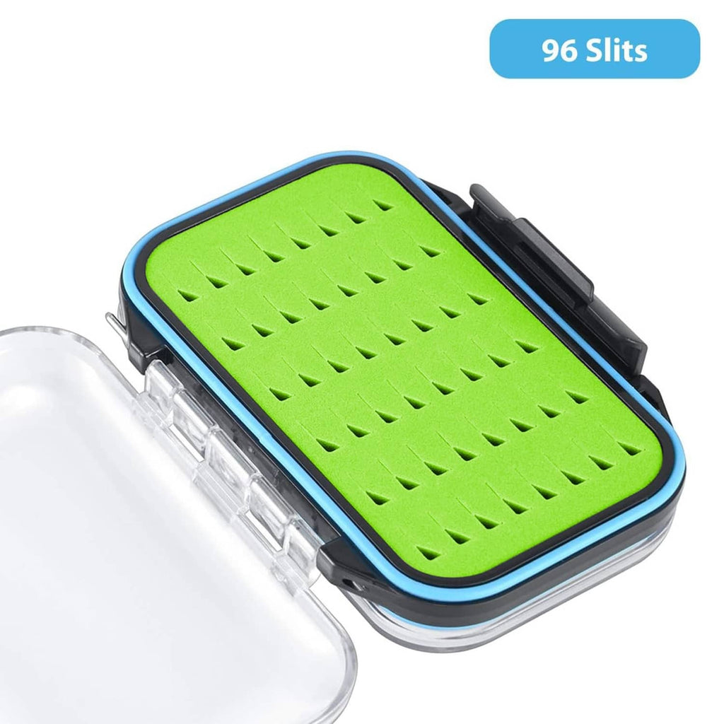 Compact fly fishing storage box with lime perforated foam insert and black latch