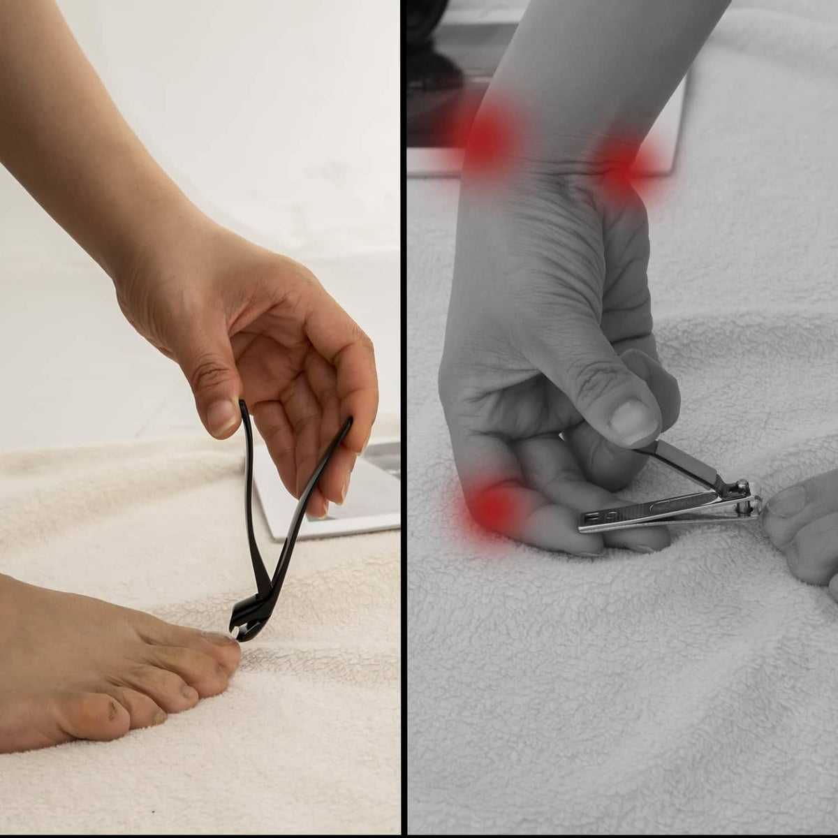 Long-handled toenail clippers being used to cut a toenail on an open foot.