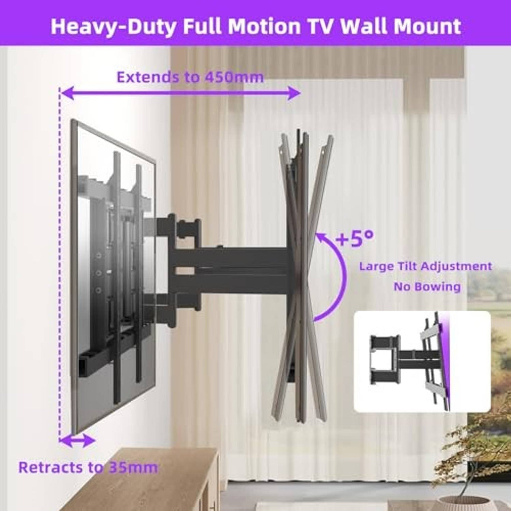 Heavy-duty TV wall mount with extendable and tilt-adjustable black arms