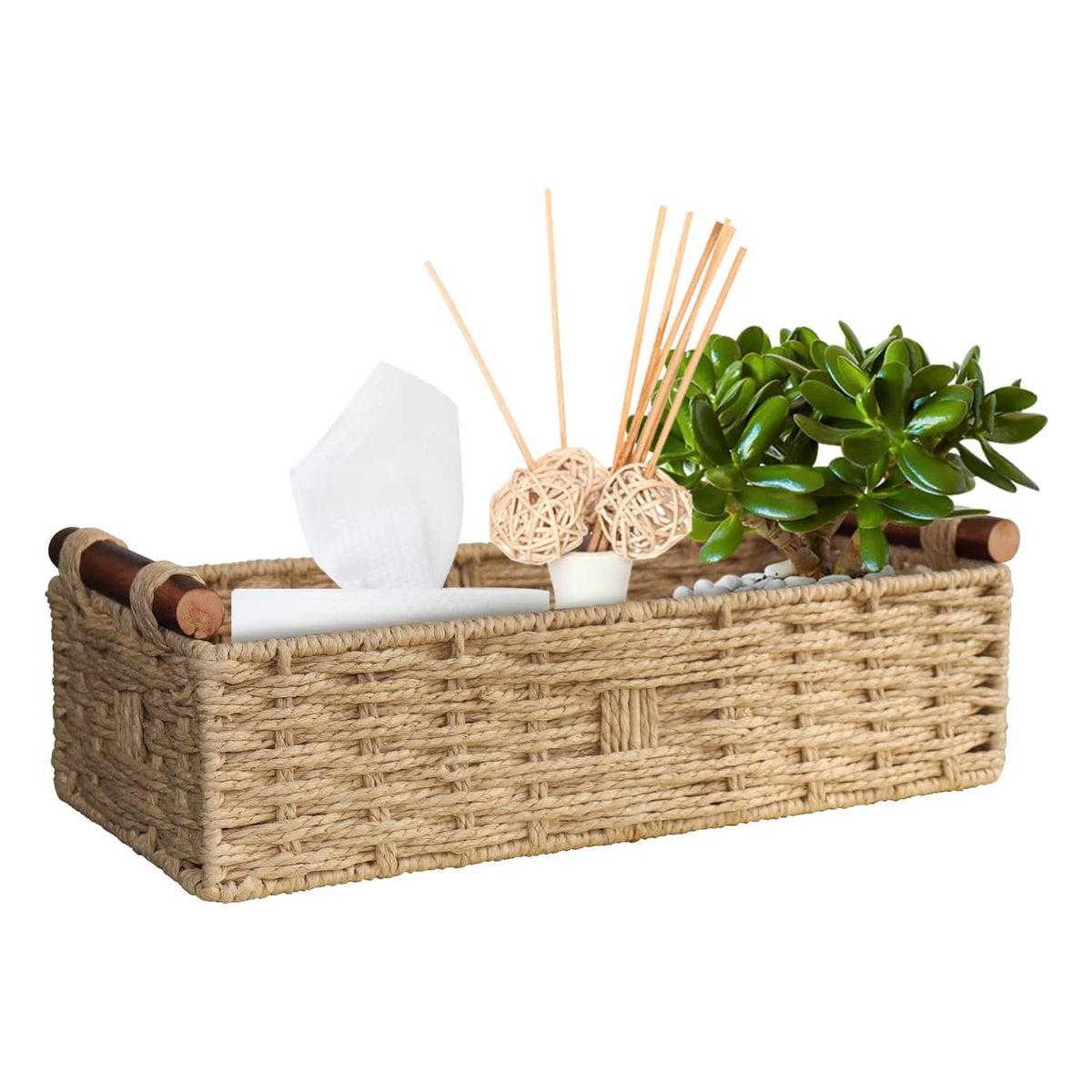Beige woven paper rope storage basket with two round rope handles, open top.