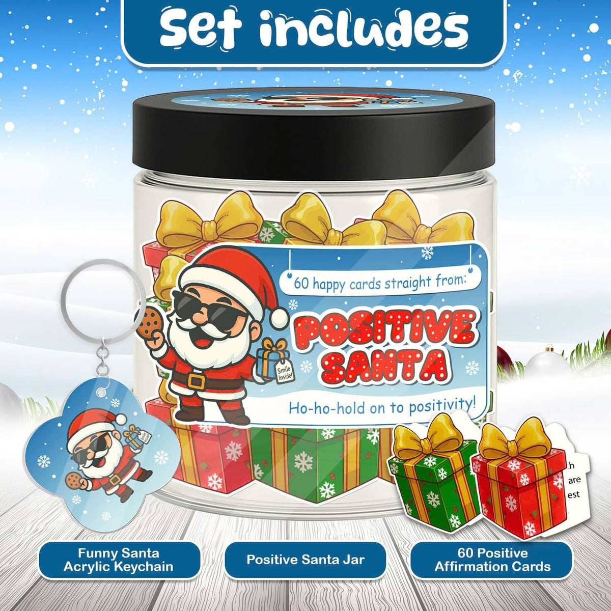 Santa card jar gift set with hanging keychain and affirmation card pieces
