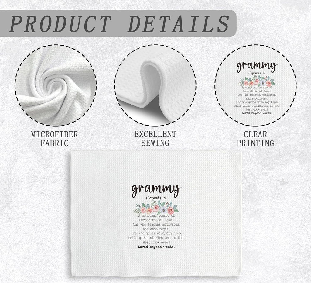 White microfiber kitchen towel with 'grammy' print, clear lettering and stitched edges