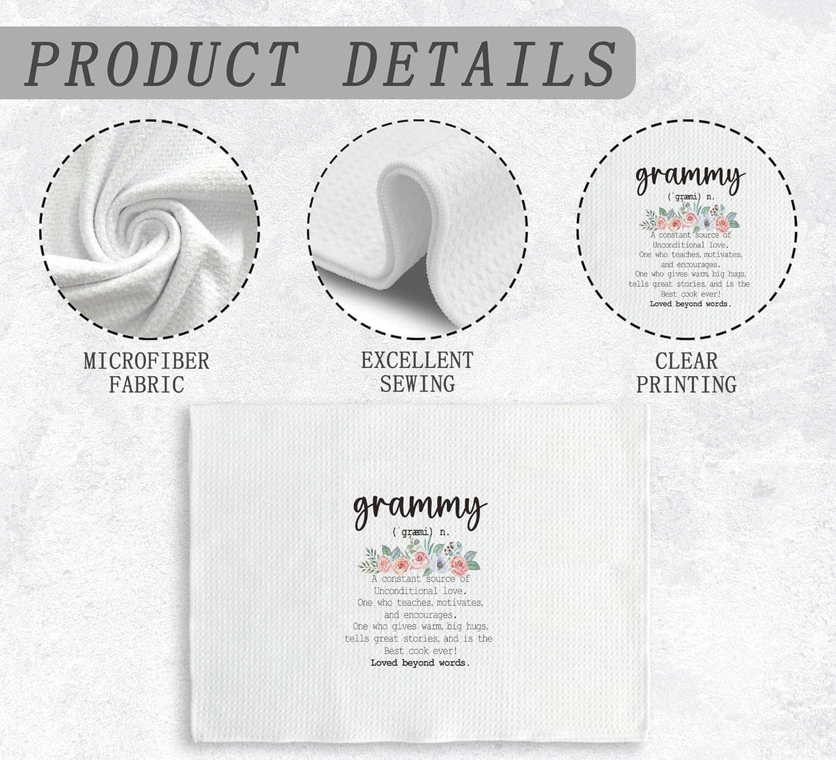 White microfiber kitchen towel with 'grammy' print, clear lettering and stitched edges