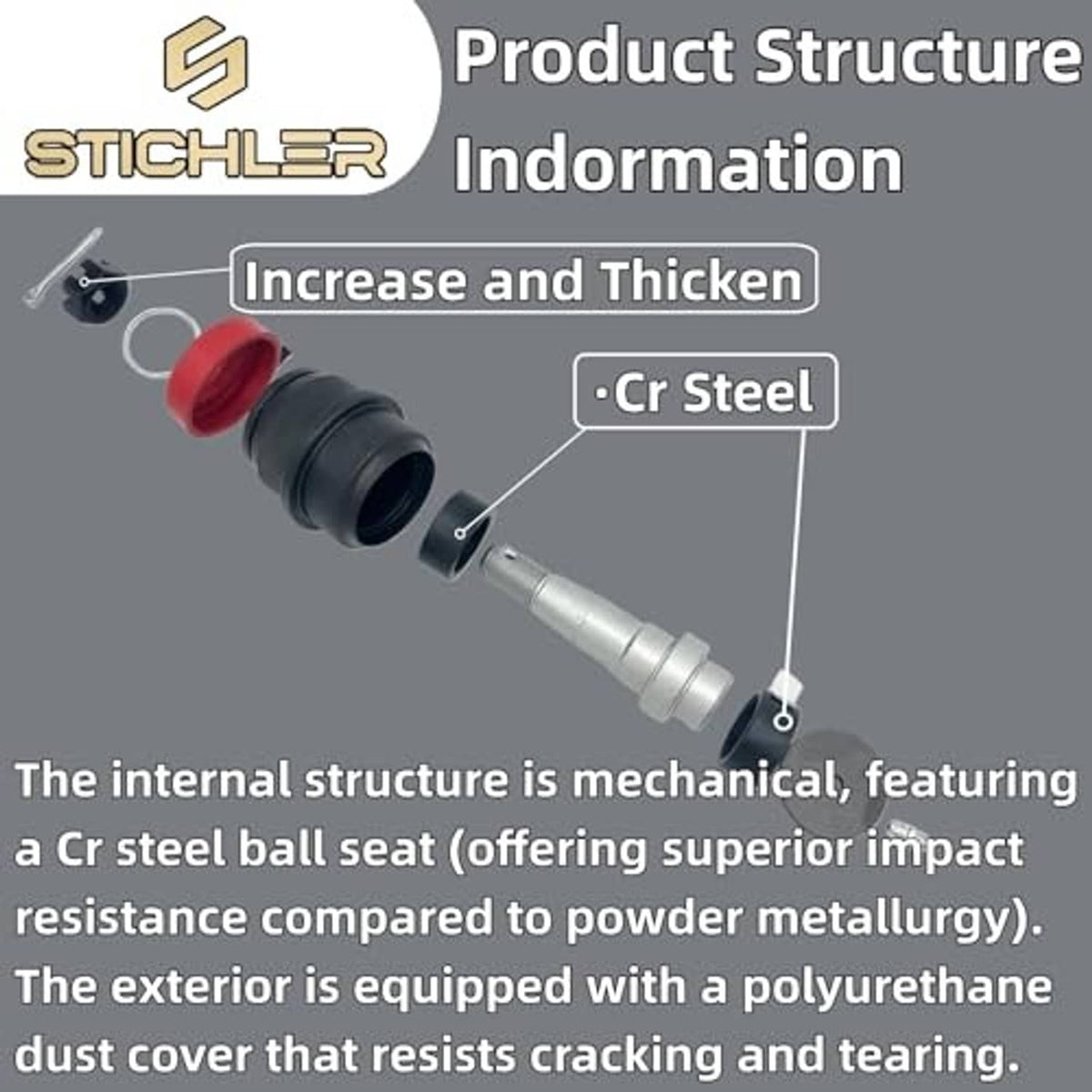 Automotive ball joint cross-section with red dust cover and silver ball stud