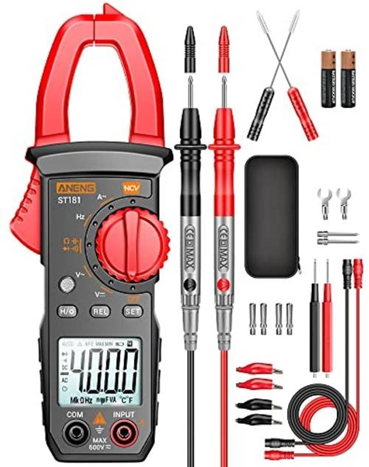 Digital clamp meter multimeter tester with probes, shielded case, and accessory leads