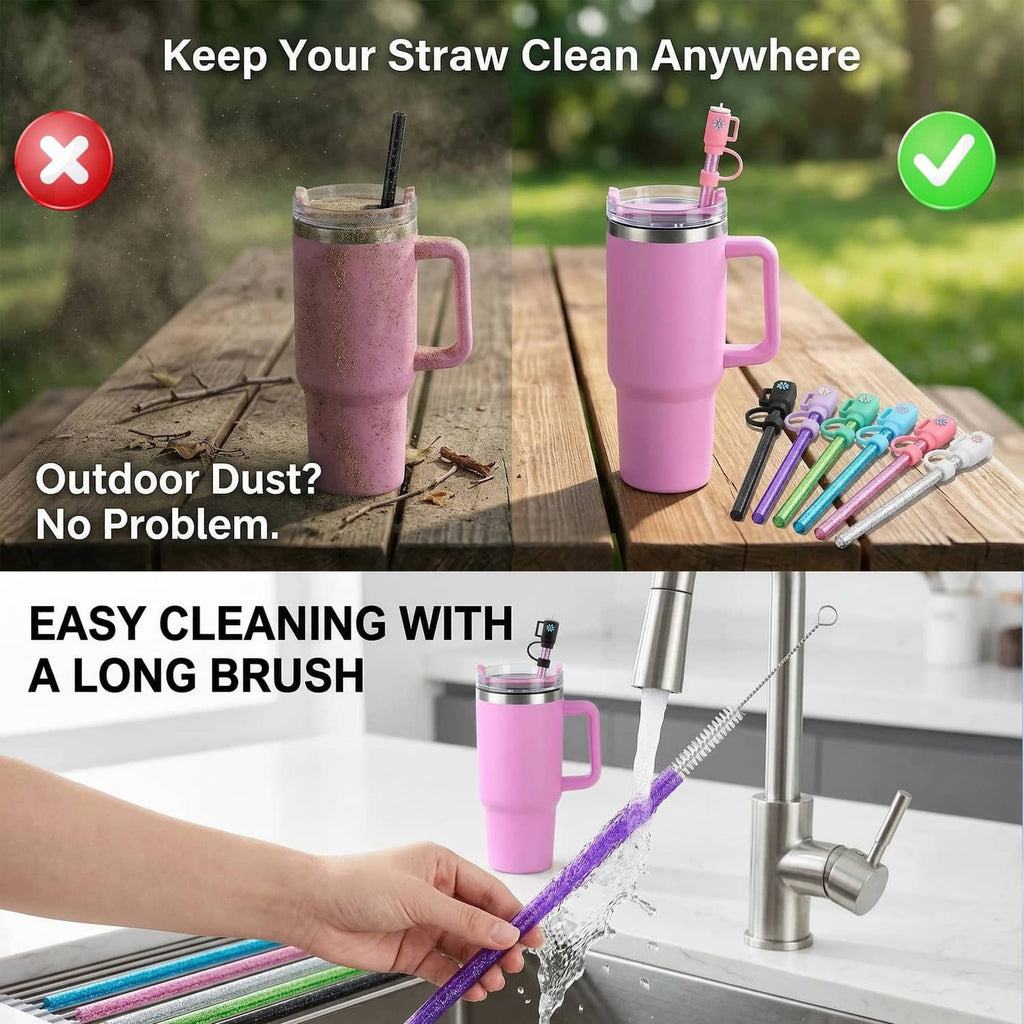Pink glitter replacement straw with flower cover, plus assorted straw set pieces