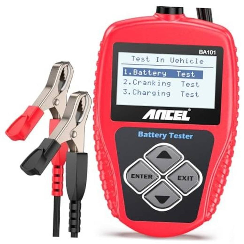 Car battery tester handheld with LCD menu and battery clamps, red and black body.