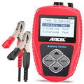 Car battery tester handheld with LCD menu and battery clamps, red and black body.