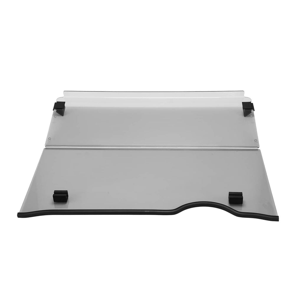Tinted full windshield screen for golf cart, folding style with black mounting clamps