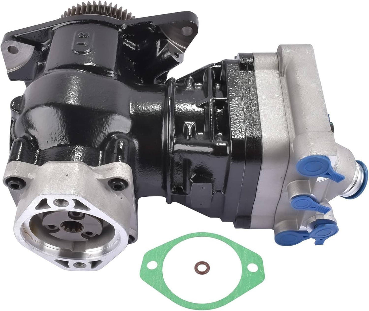 Truck air brake compressor with gear, black casing and silver pump housing, blue ports