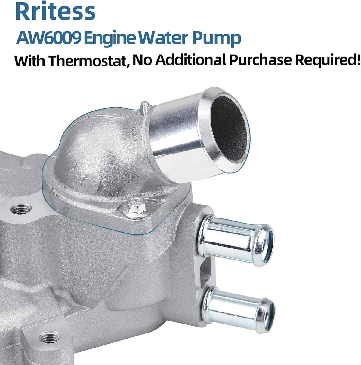 Water pump with thermostat, silver inlet/outlet ports and black thermostat cover
