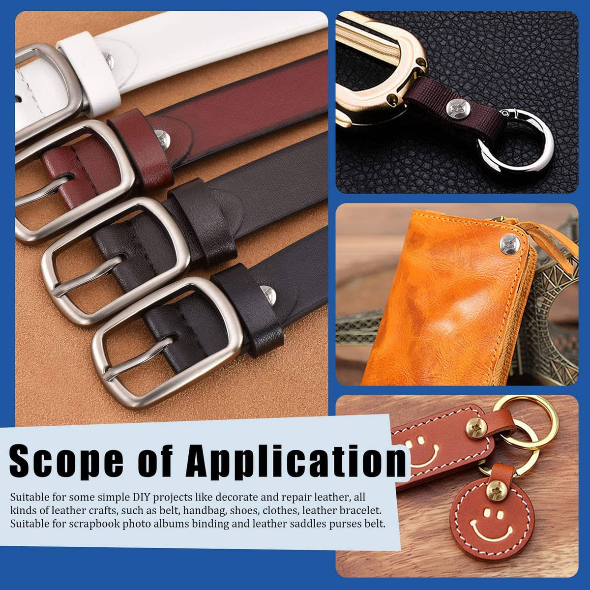 Chicago screw hardware on leather straps and keychain rings, showing mounted round studs