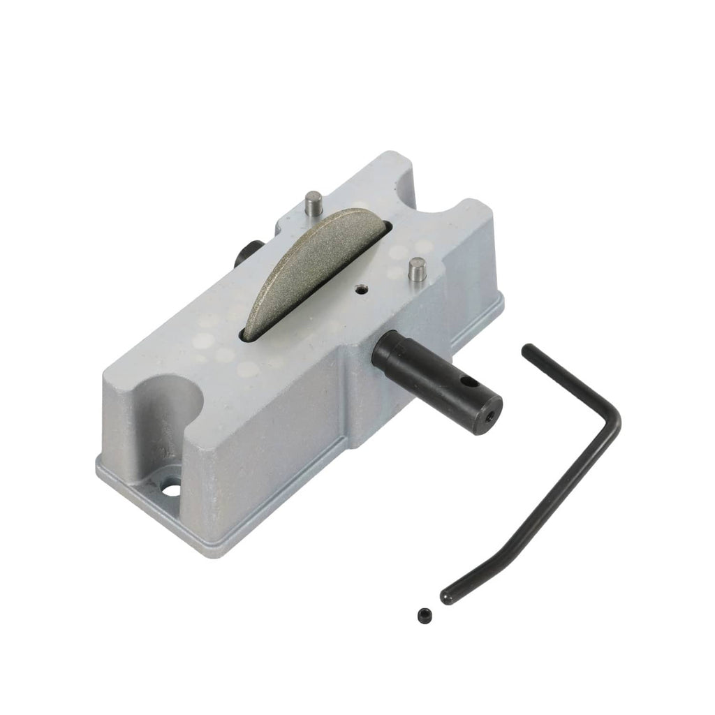 Manual piston ring grinder tool with light gray housing, abrasive wheel, and crank rod