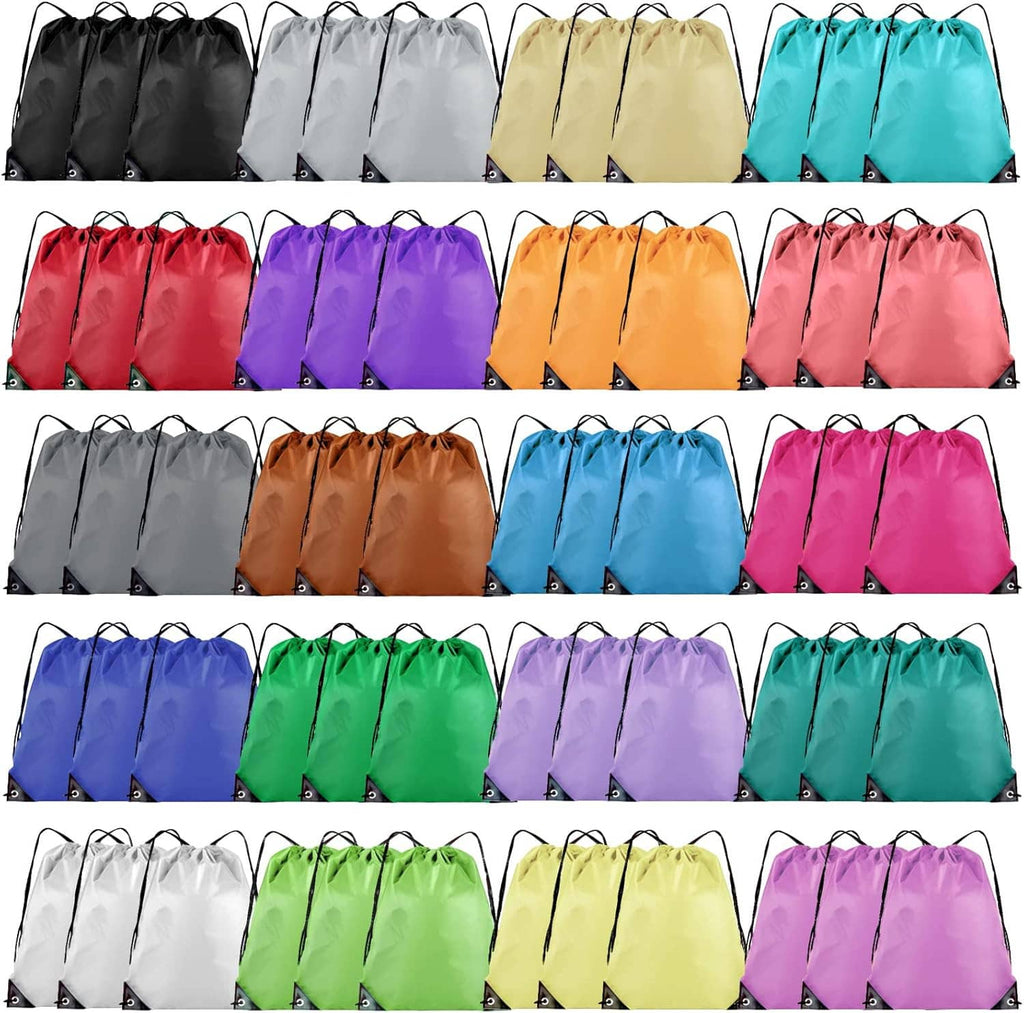 Multi-color grid of drawstring cinch sacks: black, white, yellow, turquoise, red, purple, orange, pink.