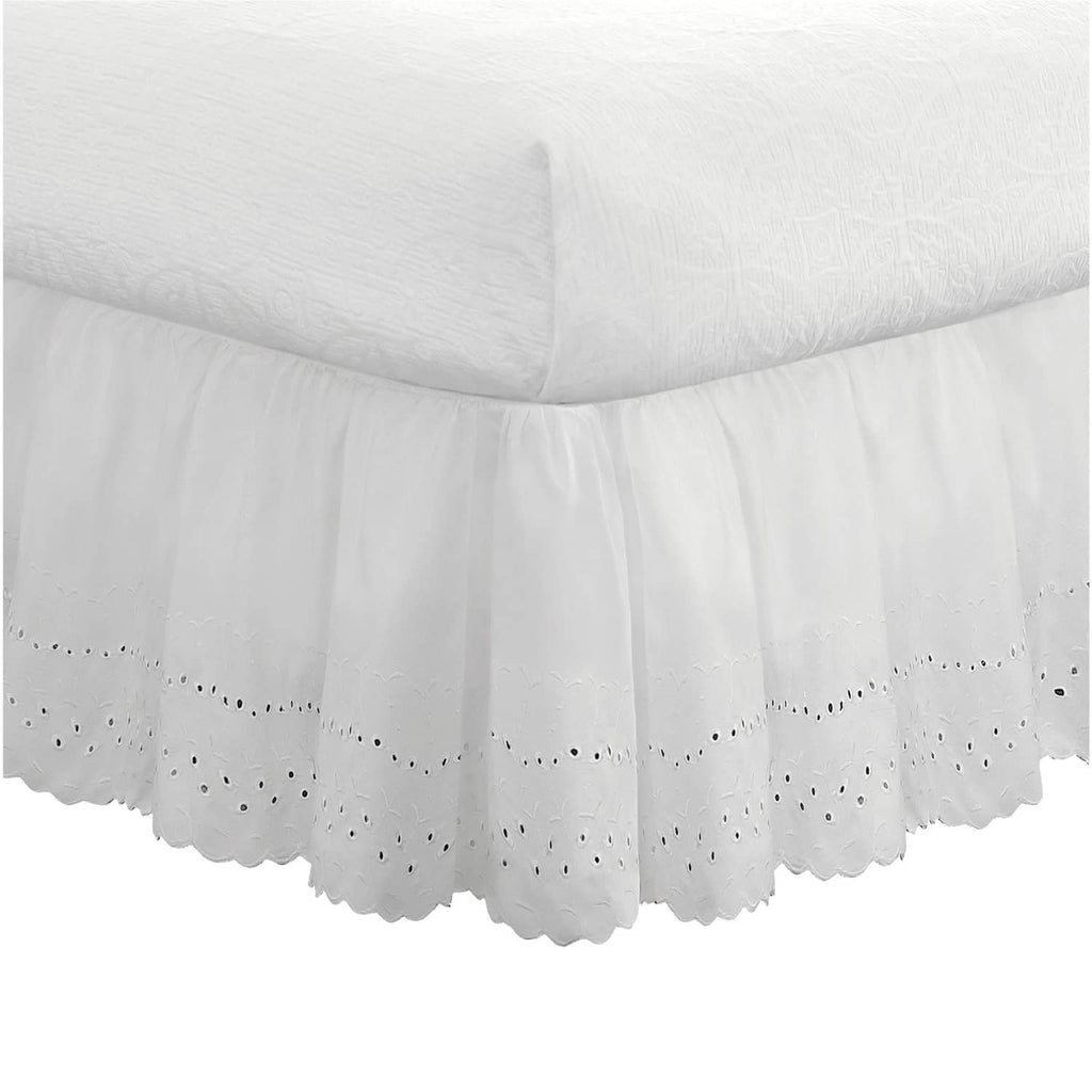 White ruffled eyelet bed skirt with gathered panel and scalloped embroidered edge