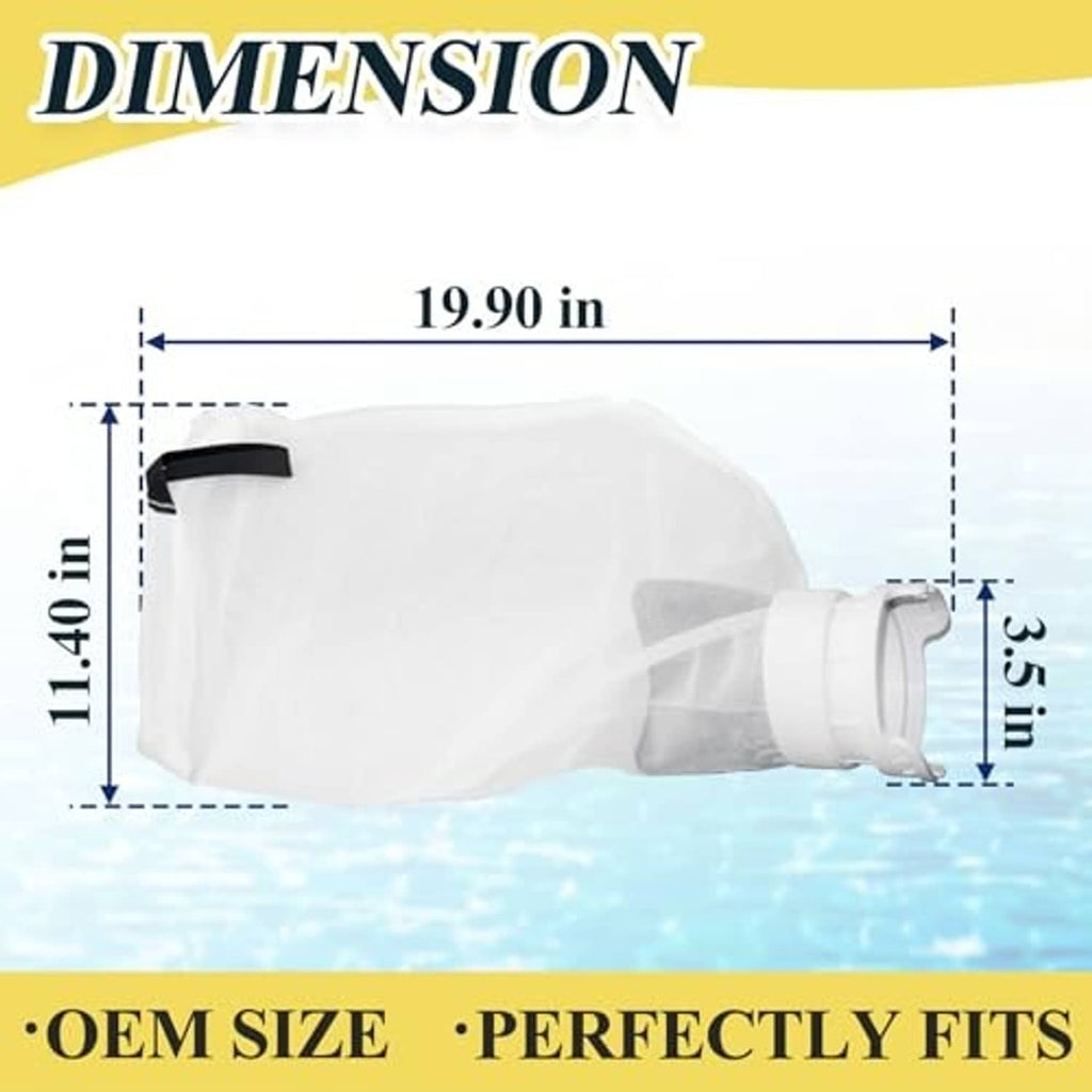 White debris bag with base intake connector shown with size guide overlay