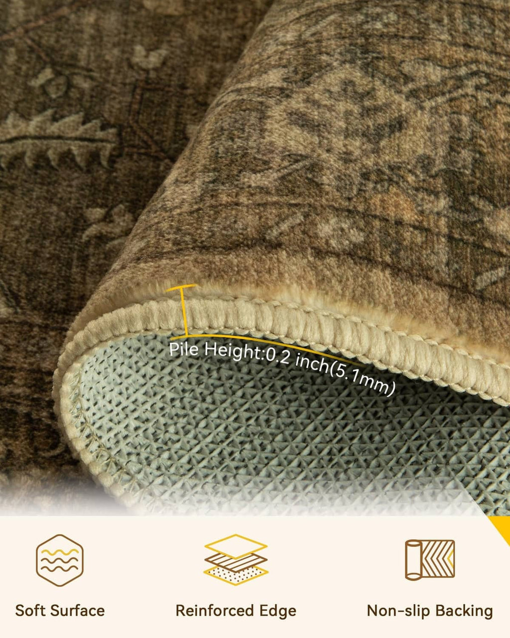 Rug edge close-up with short pile, soft surface, reinforced edge, and non-slip backing