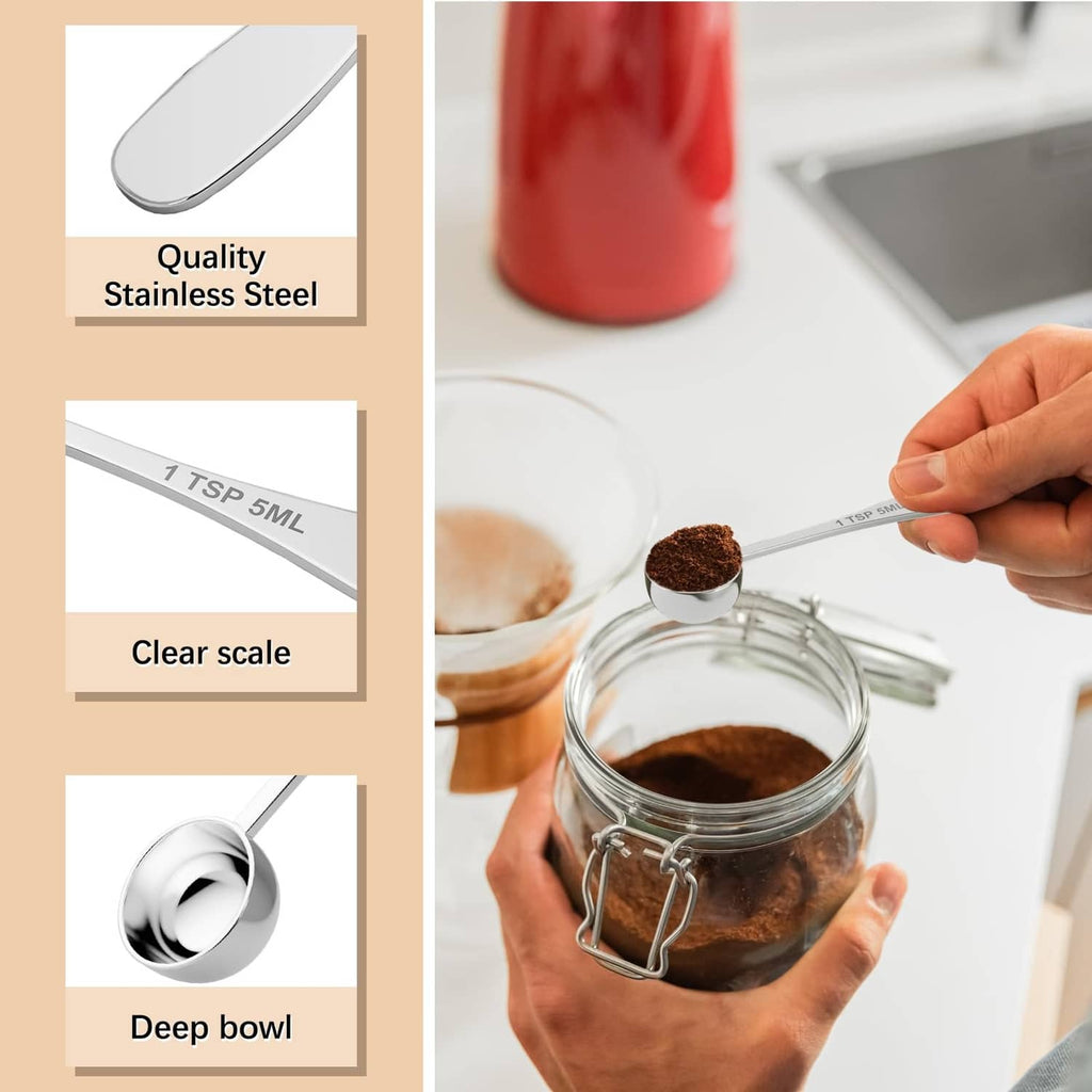 Stainless steel measuring spoon with clear scale, deep bowl, and engraved 1 tsp/5 ml