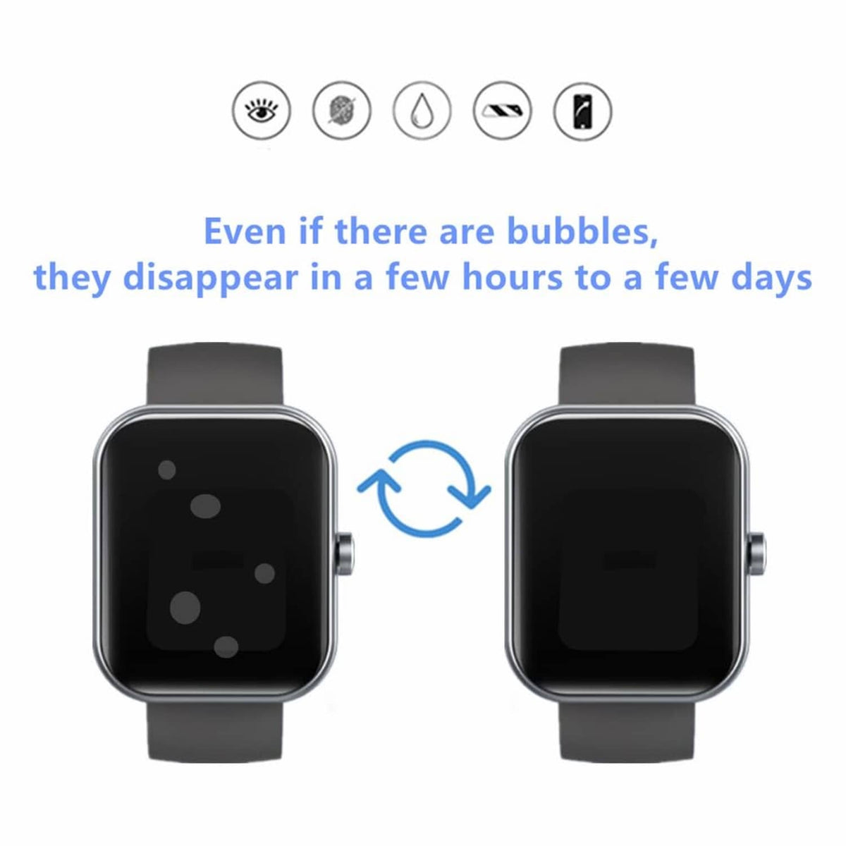Transparent smartwatch screen protector on black display, shown on gray wristwatch strap