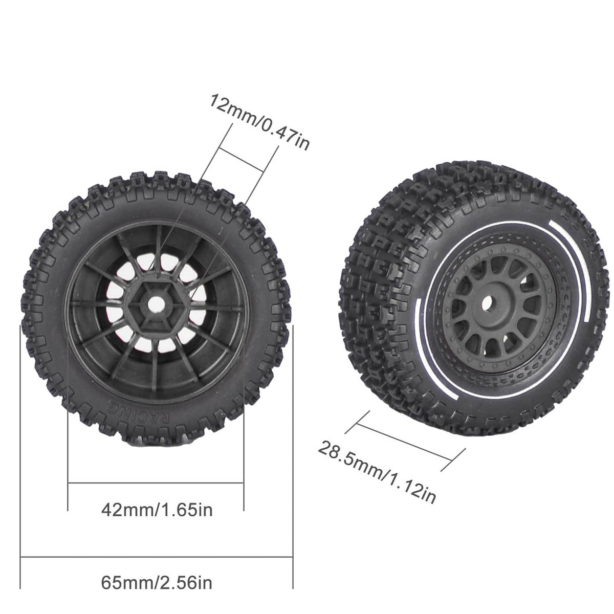 RivetOak 1/16 & 1/18 RC Truck Tires & Wheels - Pre-Glued 2.56" X 1.12", Black