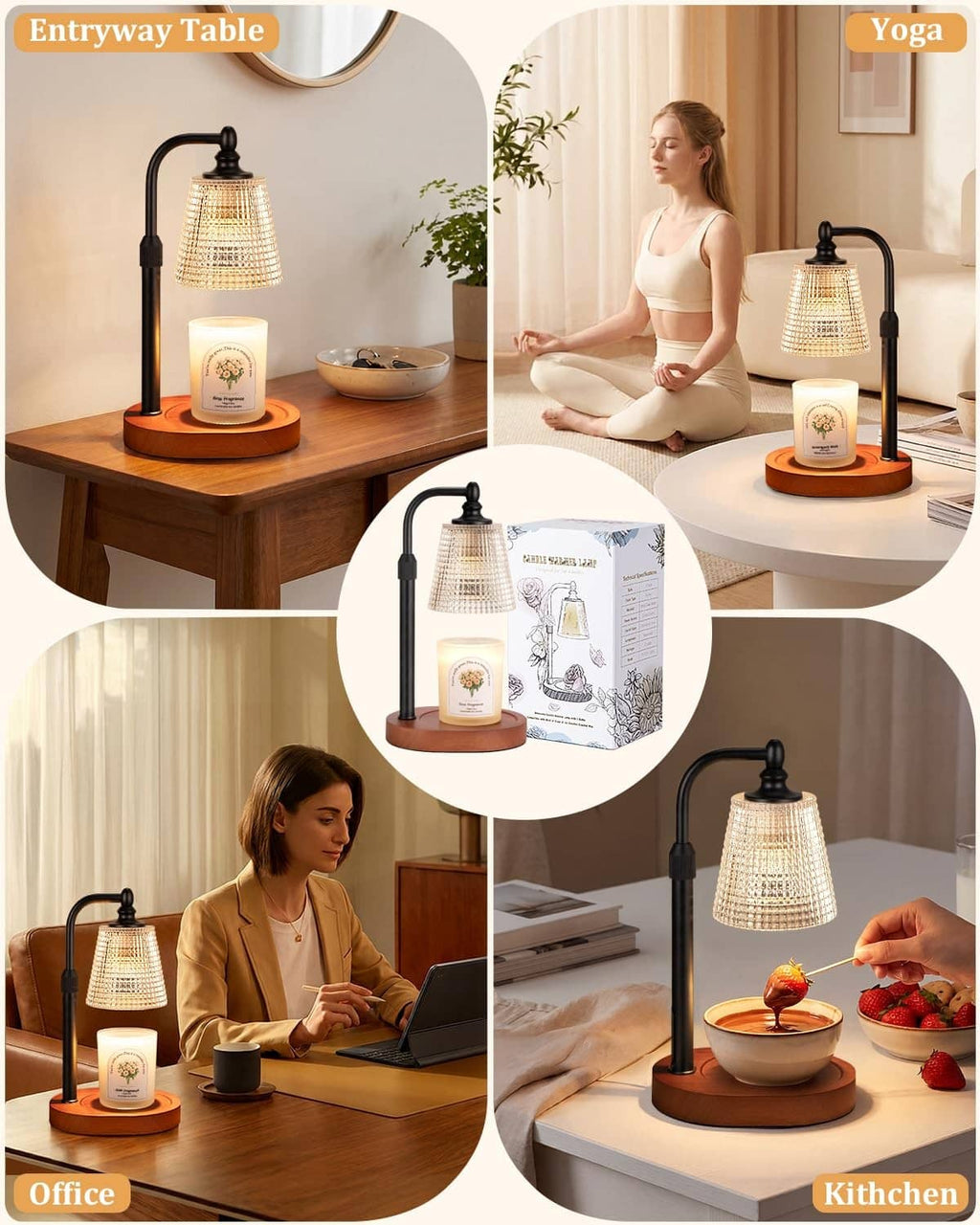 Candle warmer lamp on walnut base with lit jar candle on a table in room settings