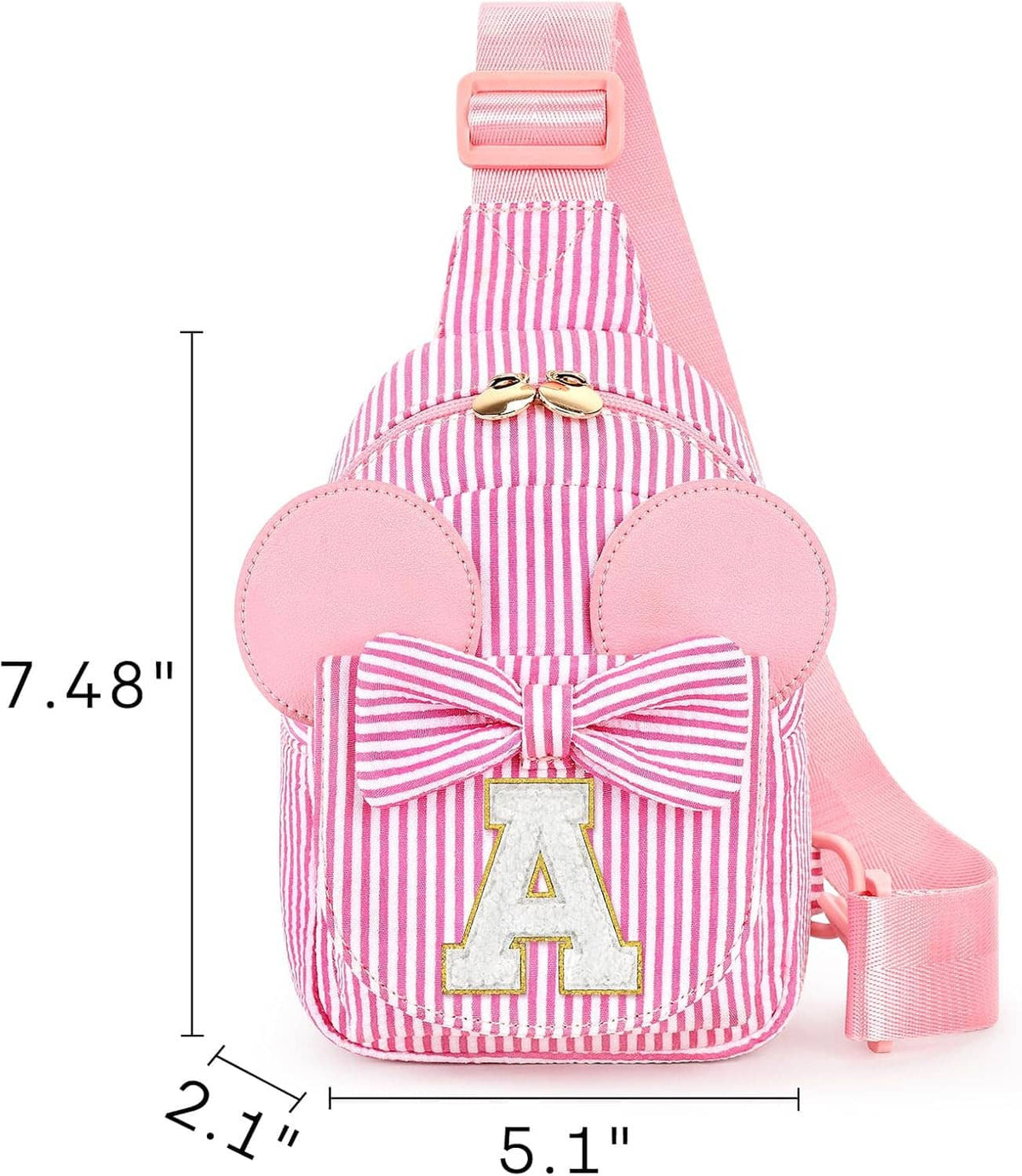 Pink striped mini sling bag with bow front and gold letter A emblem