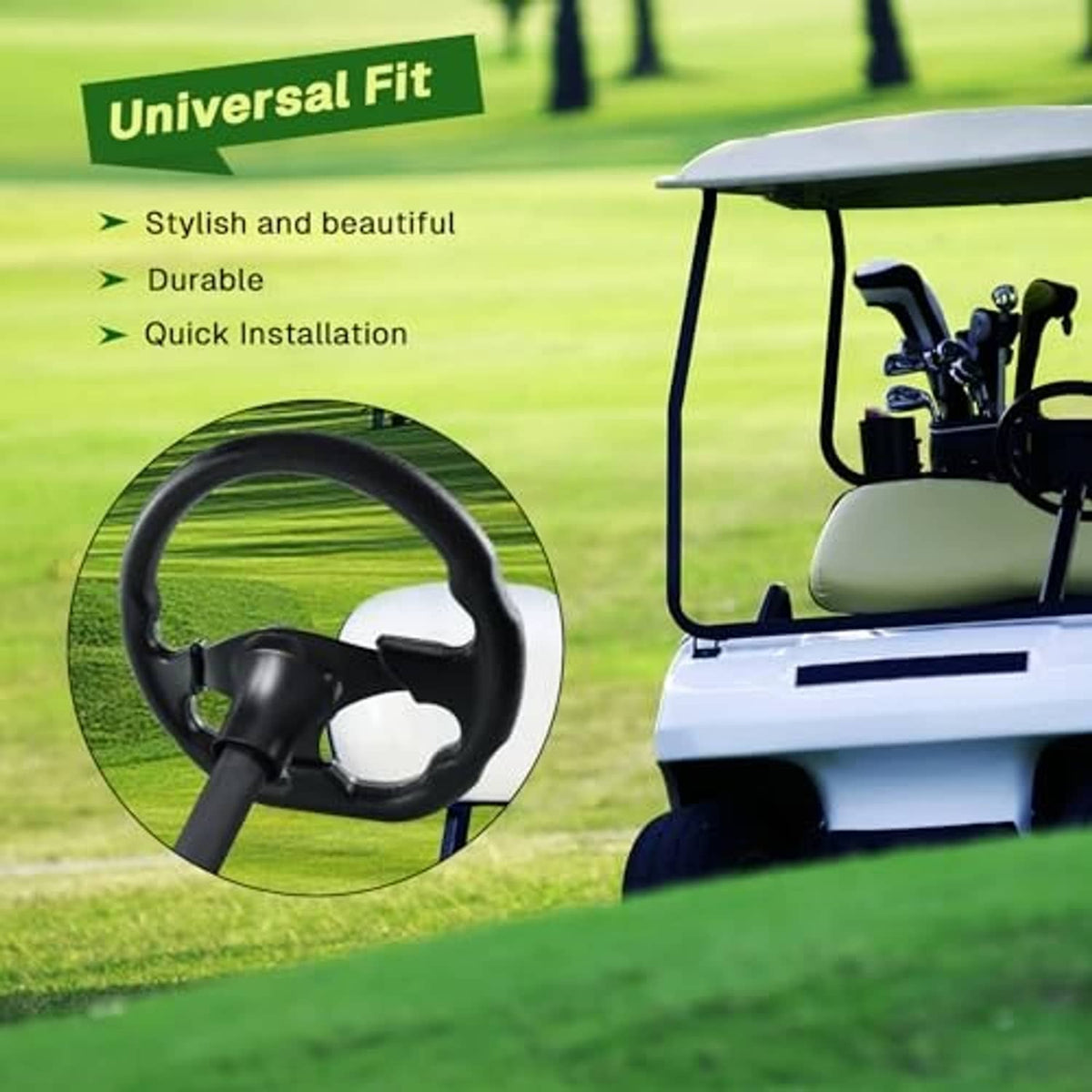 Carbon-look golf cart steering wheel accessory with black center hub and steering rim