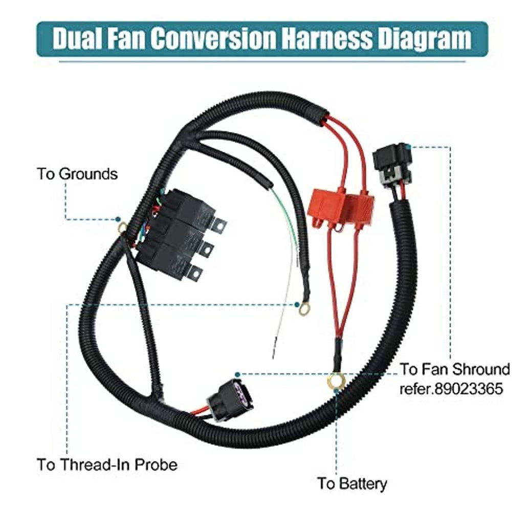 Dual fan conversion harness diagram with labeled grounds, battery, and probe points