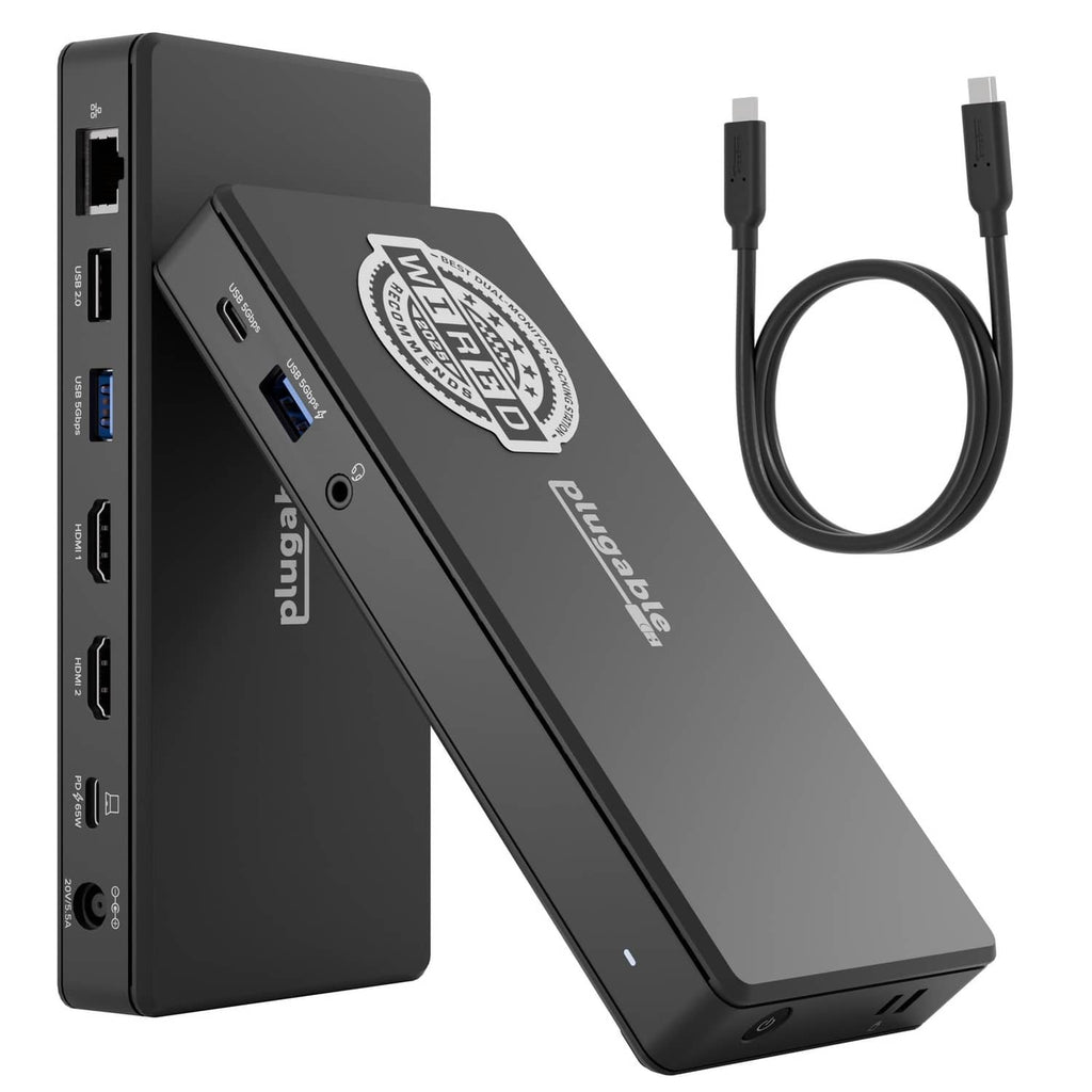 Black docking station with side ports and included USB-C cable pair