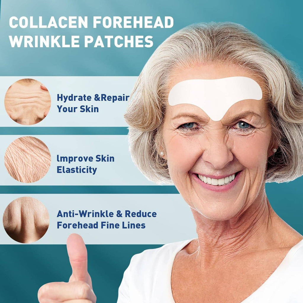 Collagen forehead wrinkle patch on forehead of smiling woman
