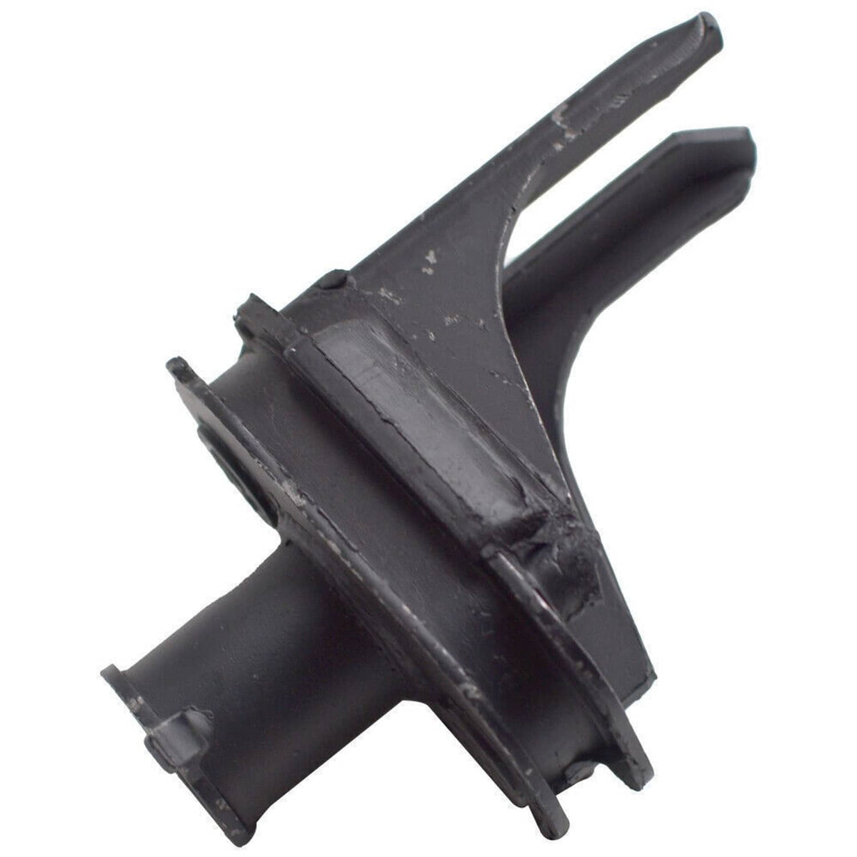 Black rubber engine/trans mount with curved metal bracket and molded base