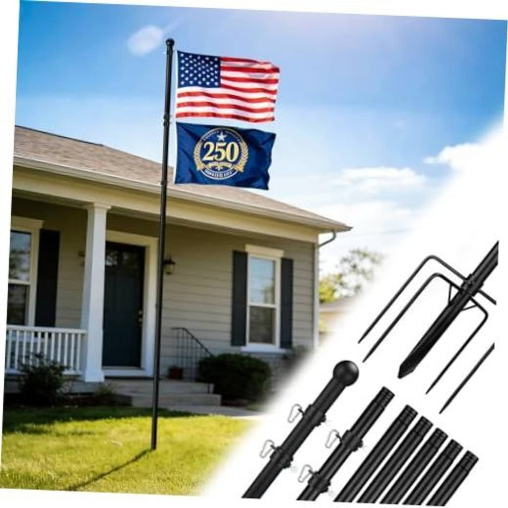 Black 10 ft in-ground flag pole set with mounting hardware for outdoor use.