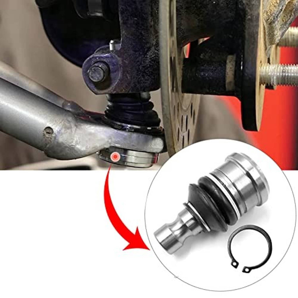 Front ball joint with black boot and metal stud, shown with retaining ring