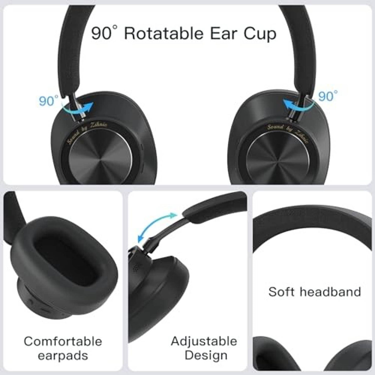 Wireless over-ear headphones with rotatable ear cups and adjustable headband design