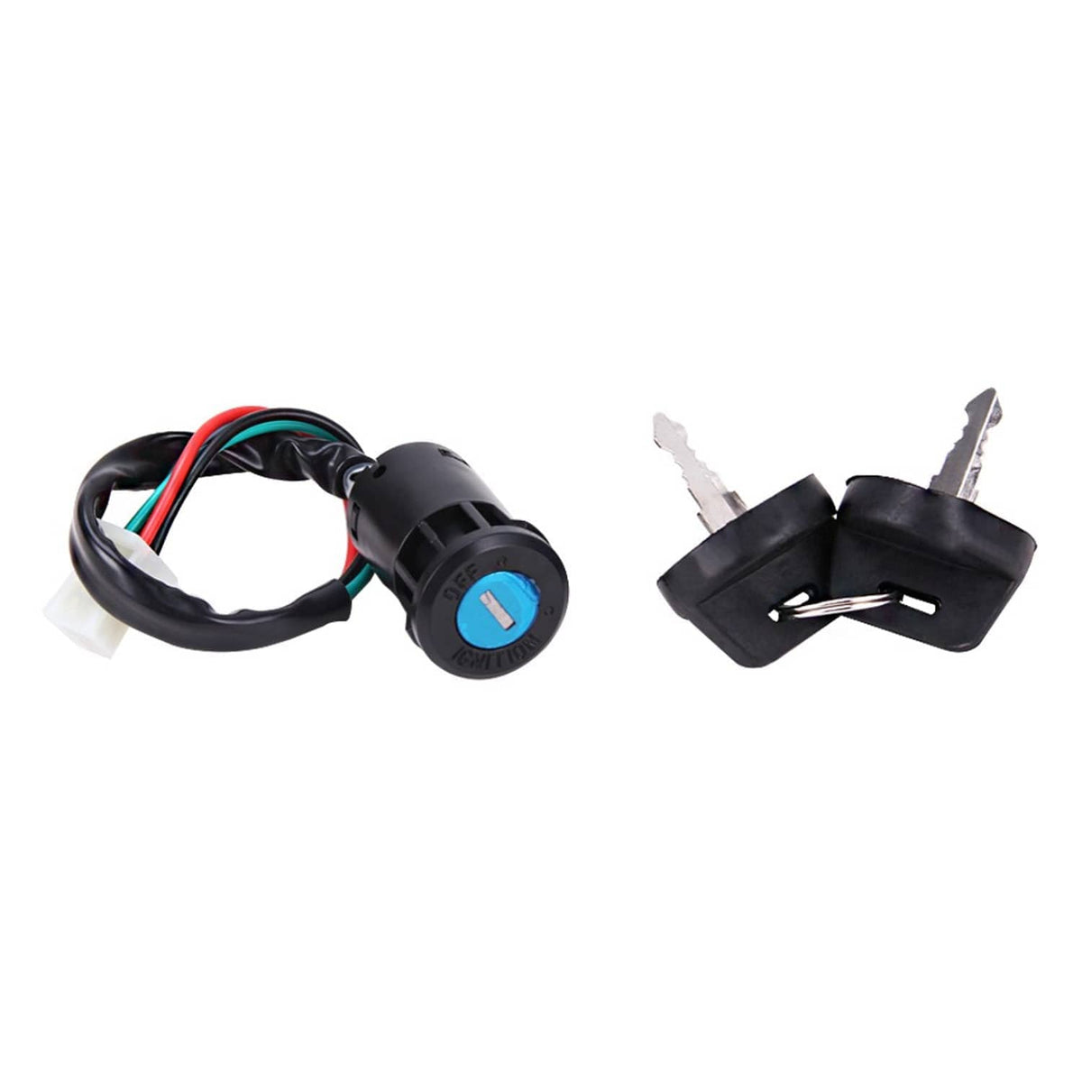 Ignition key switch with two keys, black switch body, and black wire harness with plugs